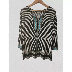 Women's Petite Zebra Embellished 3/4 Sleeve Split Neck Polyester Tunic Top PXL